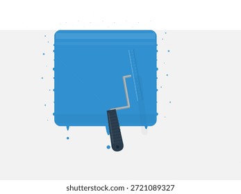 Un rodillo descansa contra una bandeja de pintura azul. Salpicaduras de pintura brillante rodean la bandeja. Esta escena muestra un proceso de pintura en un entorno casero simple.