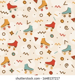 Roller rink seamless pattern - retro repeating design with memphis style elements