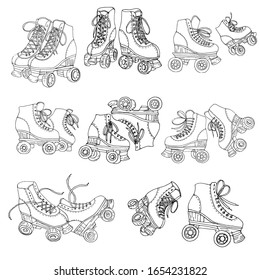 Roller rink theme hand drawn outline illustrations of vintage rollers. Set of icons in different sites