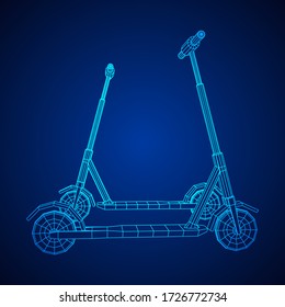 Roller scooter balance kick push bike. Eco alternative city transport. Wireframe low poly mesh vector illustration.