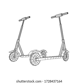 Roller scooter balance kick push bike. Eco alternative city transport. Wireframe low poly mesh vector illustration.
