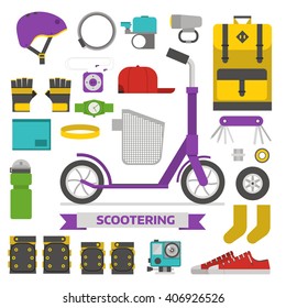 Roller scooter equipment set. Kick bike lifestyle elements. Eco wheel and scooterist essentials. Protection, helmet, rucksack, cap, boots, repairing kit and other cycling vector icons isolated.