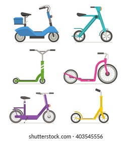 Roller scooter set. Balance bikes. Different scooters eco alternative city transport. Flat design biking and rolling wheels. Vector kick scooter collection. Push cycle set isolated on white.