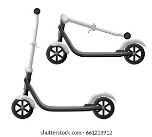 Roller scooter set. Balance bikes. Different scooters eco alternative city transport. Flat design biking and rolling wheels. Vector kick scooter collection. Push cycle set isolated on white