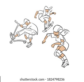 roller scooter skateboard rider skatepark vector character isolated line art cartoon