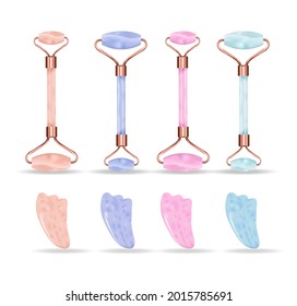 Roller scraper gua sha realistic 3d style. Facial massager, anti-wrinkle. Women's care, cosmetology concept. Vector illustration