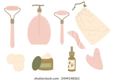 Rolle und Abstreifplatte, Creme. Gua sha Schönheitsverfahren mit Steinset. Elemente für Gesichtsmassage. Hautpflege-Spa. Flache Darstellung der Vektorgrafik auf weißem Hintergrund