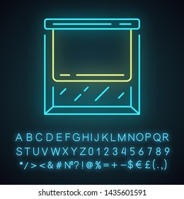 Roller shades neon light icon. Window blinds. Vertical jalousie. Window blackout treatments. Home interior accessory. Glowing sign with alphabet, numbers and symbols. Vector isolated illustration