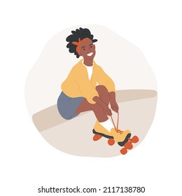 Roller shoes abstract concept vector illustration. Teenage girl wearing roller shoes, sitting at skating rink, skates, teens fashion and urban lifestyle, street style abstract metaphor.