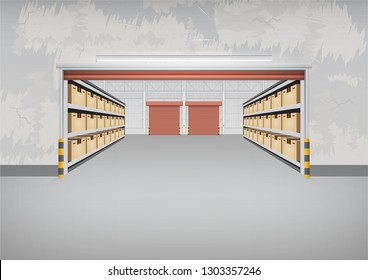 Roller shutter door and large warehouse building or loading dock, Warehouse interior with cardboard box on shelf, Concrete floor and space for industry background, Vector illustration design.