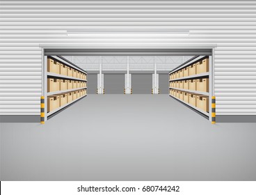 Roller shutter door and large warehouse building or loading dock, Warehouse interior with cardboard box on shelf, Concrete floor and space for industry background, Vector illustration design.