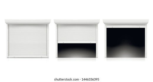 Roller shutter door set, coiling door for security. Metallic industrial frame. Vector rolling shutter illustration on white background