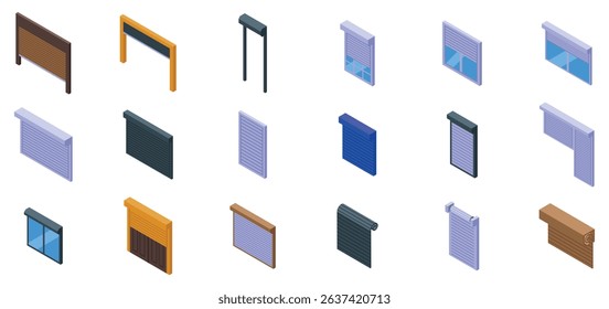 Roller shutter up icons set. Isometric icons showcasing various rolling shutters, highlighting their role in security and protection for residential and commercial properties