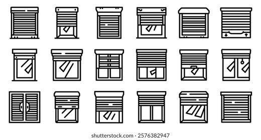  Roller shutter up icons set. Roller shutters in various configurations, offering security, privacy, and light control for windows