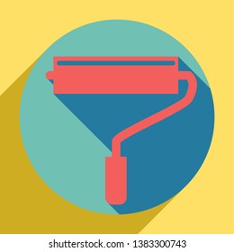 Roller sign illustration. Sunset orange icon with llapis lazuli shadow inside medium aquamarine circle with different goldenrod shadow at royal yellow background.
