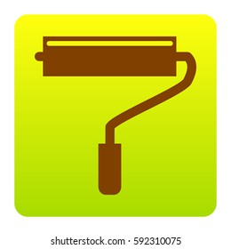 Roller sign illustration. Vector. Brown icon at green-yellow gradient square with rounded corners on white background. Isolated.