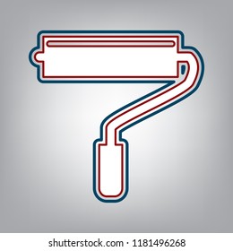 Roller sign illustration. Vector. Dark red, transparent and midnight green stroke of white icon at grayish background.