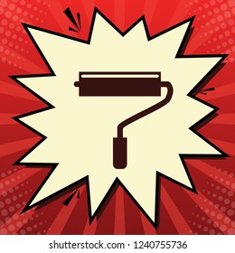 Roller sign illustration. Vector. Dark red icon in lemon chiffon shutter bubble at red popart background with rays.