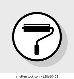 Roller sign illustration. Vector. Flat black icon in white circle with shadow at gray background.