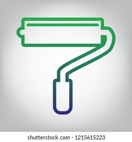Roller sign illustration. Vector. Green to blue gradient contour icon at grayish background with light in center.