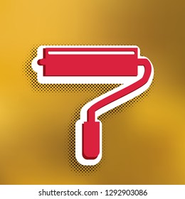 Roller sign illustration. Vector. Magenta icon with darker shadow, white sticker and black popart shadow on golden background.
