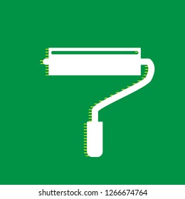 Roller sign illustration. Vector. White flat icon with yellow striped shadow at green background.