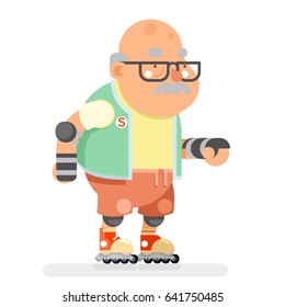 Roller Skate Adult Sports Healthy Grandfather Active Lifestyle Age Old Man Character Cartoon Design Flat Vector illustration