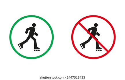 Se permite patinar sobre ruedas y se prohíben los iconos de silueta. No Hay Entrada En El Símbolo Rollerskate. Juego de señales de advertencia de patinaje sobre ruedas. Ilustración vectorial aislada.