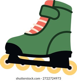 Bota de patín con hebilla, cordones y cuatro ruedas en línea en un marco, contorno atrevido y Formas limpias. Símbolo de deporte, velocidad, ocio y diversión al aire libre. Ilustración vectorial de dibujos animados.