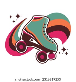Roller skate boot with rainbow wave and glitter stars  in vintage colors. Vector emblem, patch, sticker