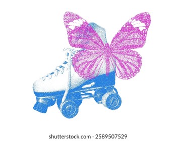 Roller skate with butterfly wings in halftone effect. Blue and pink duotone illustration on white background