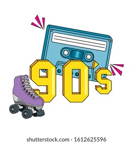 roller skate with cassette nineties retro isolated icon vector illustration design