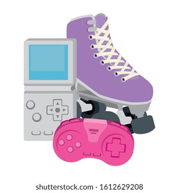 roller skate with control and video game handle of nineties vector illustration design