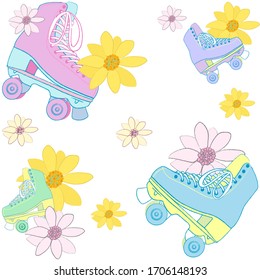 Roller skate with flowers on white background. Summer graphic. Summer pattern.