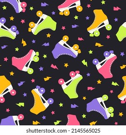 Roller skate groovy seamless pattern. Neon colored retro vector background. Cartoon style fashion print for fabric, wallpaper, wrapping paper