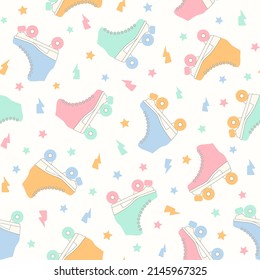 Roller skate groovy seamless pattern. Pastel colored retro vector background. Cartoon style fashion print for fabric, wallpaper, wrapping paper
