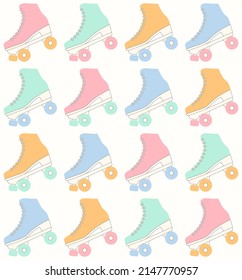 Roller skate groovy seamless pattern. Pastel colored retro vector background. Cartoon style fashion print for fabric, wallpaper, wrapping paper