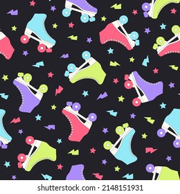 Rollschuh-Groovy nahtloses Muster. Neonfarbener Retro-Vektorhintergrund. Cartoon-Modedruck für Stoff, Tapete, Packpapier