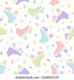 Roller skate groovy seamless pattern. Pastel colored retro vector background. Cartoon style fashion print for fabric, wallpaper, wrapping paper