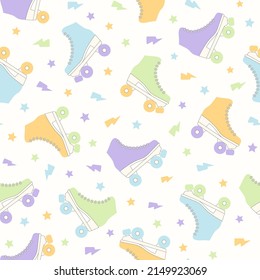 Roller skate groovy seamless pattern. Pastel colored retro vector background. Cartoon style fashion print for fabric, wallpaper, wrapping paper