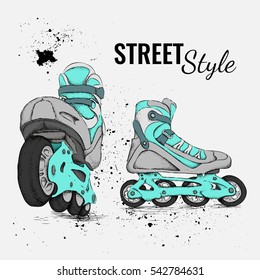 Roller Skate And Grunge Texture Background. Vector Illustration.