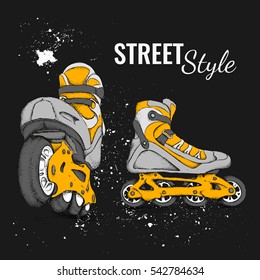 Roller Skate And Grunge Texture Background. Vector Illustration.