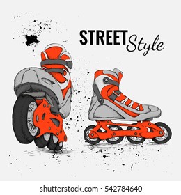 Roller Skate And Grunge Texture Background. Vector Illustration.