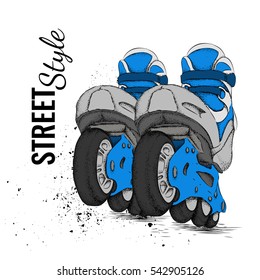 Roller Skate And Grunge Texture Background. Vector Illustration.