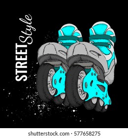 Roller Skate And Grunge Texture Background. Vector Illustration.