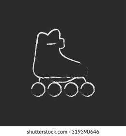 Roller skate hand drawn in chalk on a blackboard vector white icon isolated on a black background.
