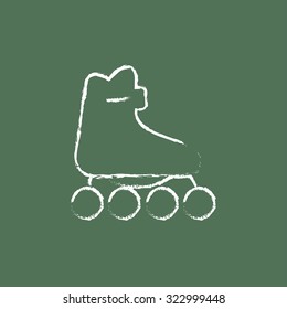Roller skate hand drawn in chalk on a blackboard vector white icon isolated on a green background.