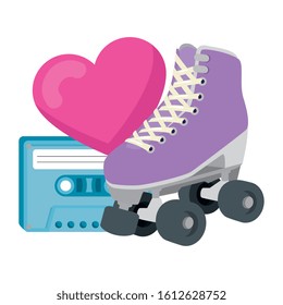 roller skate with heart and cassette of nineties vector illustration design