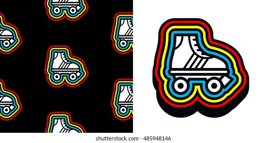 Roller skate icon with colorful frame and a matching seamless background pattern on black for print and textile, vector image set