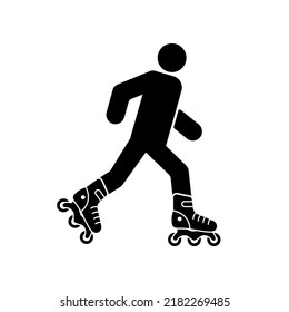 Roller Skate Person Black Silhouette Icon. Man Rollerskate Motion Glyph Pictogram. Rollerblading in Wheel Footwear Flat Symbol. Male in Sport Activity Equipment. Isolated Vector Illustration.